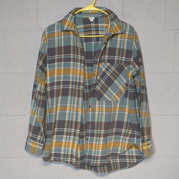 aerie Tops - Aerie Women's Anytime Fav Flannel Shirt Size XS Oversized Boyfriend Grey Yellow